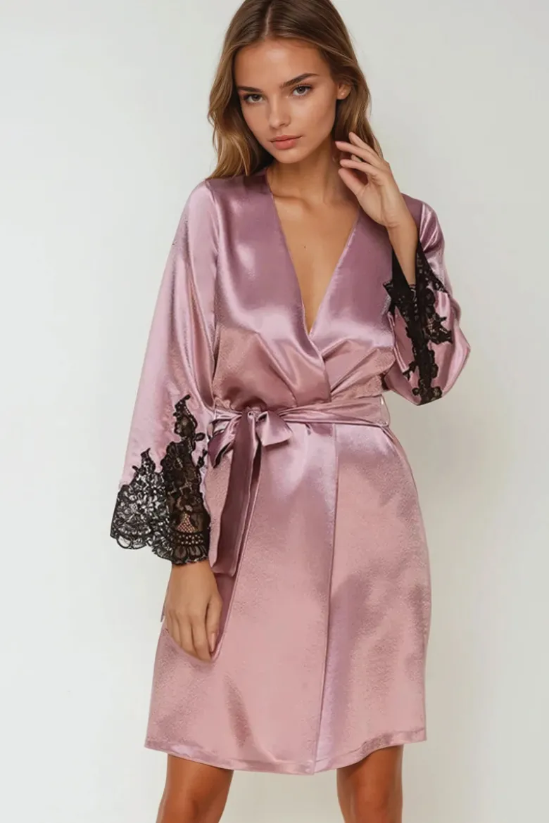 Coemi - Jemma Satin Kimono - Dusty Pink/Schwarz