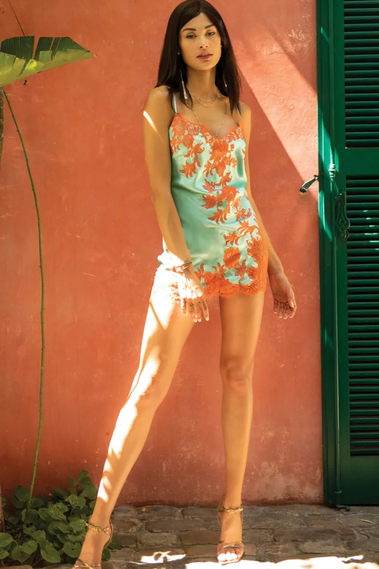 Marjolaine - Charlotte Seiden Slip Dress - Türkis/Koralle
