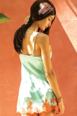 Marjolaine - Charlotte Seiden Slip Dress - Türkis/Koralle